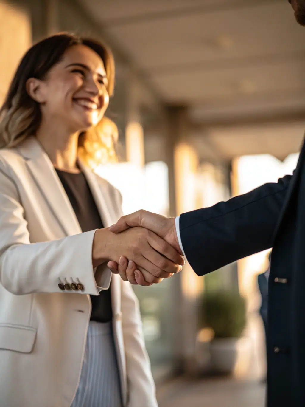 A photo of a person shaking hands with a WEBUYFLAT24 representative, symbolizing the initial agreement.
