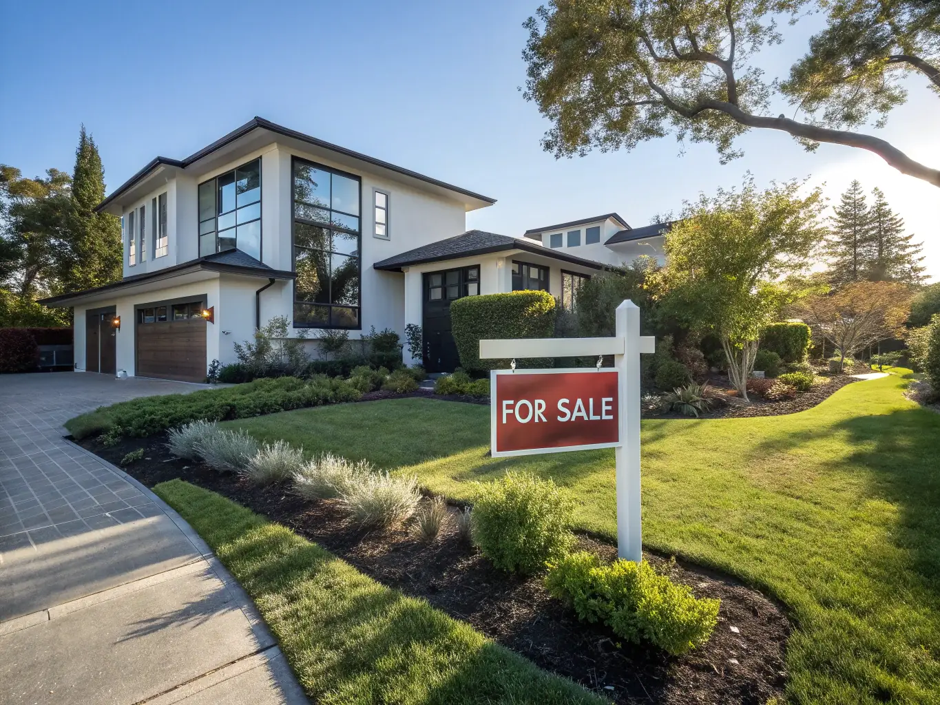 A modern, well-maintained detached house with a 'For Sale' sign in the front yard, symbolizing a typical residential property that WEBUYFLAT24 might purchase.