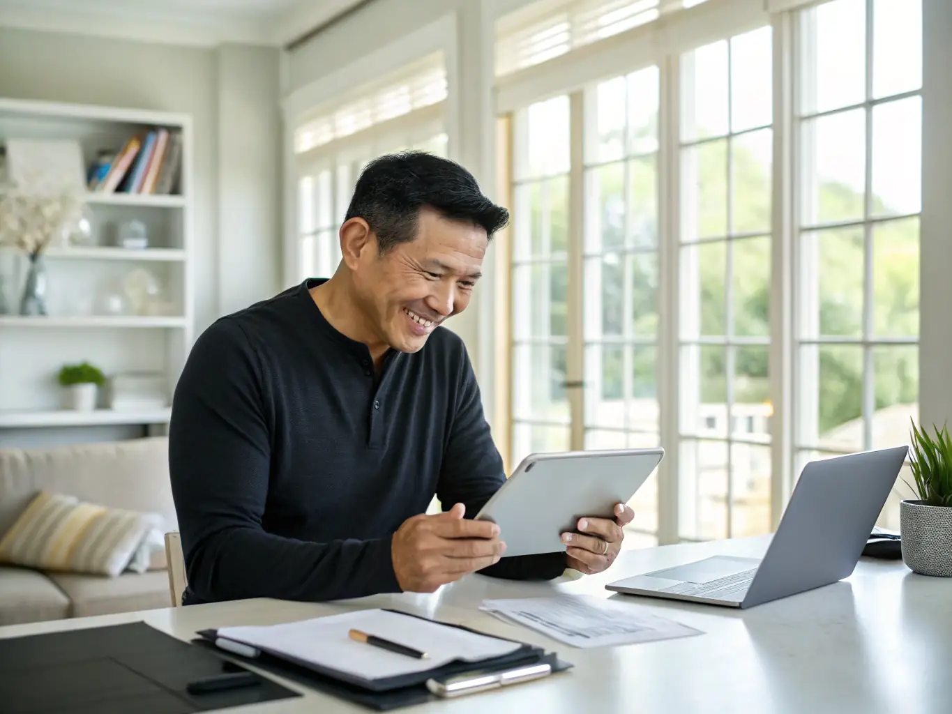 A friendly customer making initial contact with WEBUYFLAT24 via a phone call, set against a backdrop of a modern office, symbolizing the start of a quick and easy property selling process.